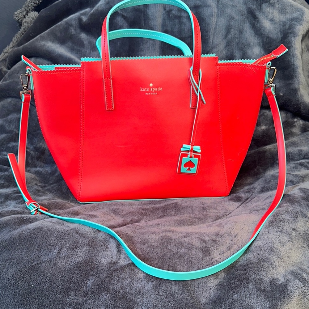 Kate Spade New York Red and Blue/green smooth leather tote / crossbody Bag